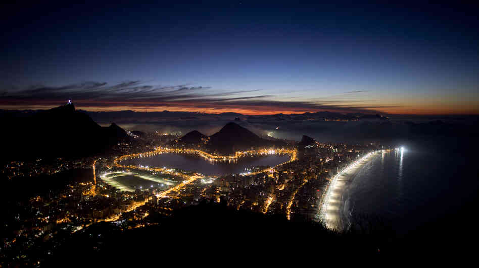 Rio de Janeiro, Brazil, shown just before sunrise. Rio de Janeiro, Brazil, shown just before sunrise.