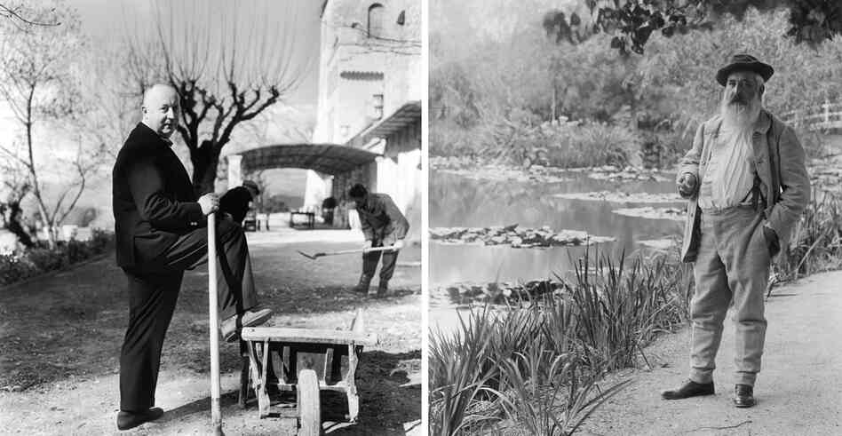 Christian Dior (left) poses in the garden at La Colle Noire, his home in Montauroux, in a photograph taken by Lord Snowdon. Claude Monet (right) stands beside his pond of water lilies in a 1905 photograph by Jacques-Ernest Bulloz. Christian Dior (left) poses in the garden at La Colle Noire, his home in Montauroux, in a photograph taken by Lord Snowdon. Claude Monet (right) stands beside his pond of water lilies in a 1905 photograph by Jacques-Ernest Bulloz.