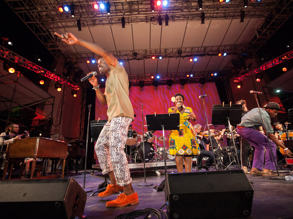 Kronos Quartet performs with Sahr Ngaujah (front) and Abena Koomson (center) at New York's Lincoln Center. Red Hot + Fela, a compilation album, comes out Oct. 8. Kronos Quartet performs with Sahr Ngaujah (front) and Abena Koomson (center) at New York's Lincoln Center. Red Hot + Fela, a compilation album, comes out Oct. 8.