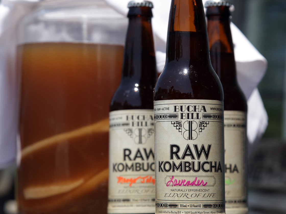 Kombucha made by artisan tea brewer Bill Bond in Akron, Ohio, comes in an array of flavors, such as lemongrass, ginger, blueberry and watermelon.