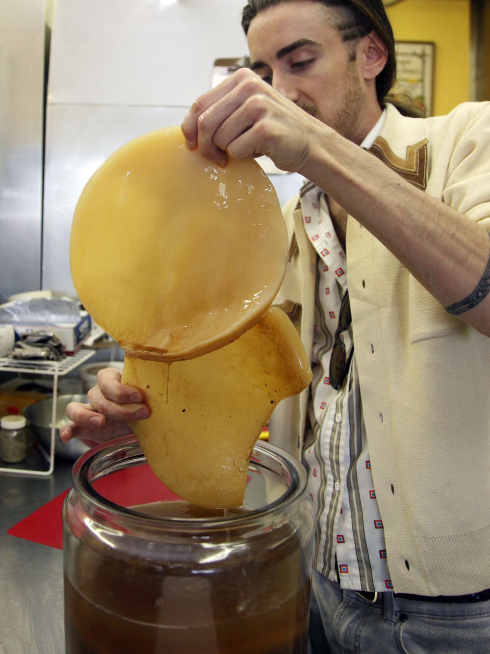 The SCOBY: Bill Bond, of Bucha Bill Raw Kombucha, shows off the "symbiotic colony of bacteria and yeast" in his fermented tea. The microorganisms of the SCOBY convert the sweetened tea into the fizzy elixir.
