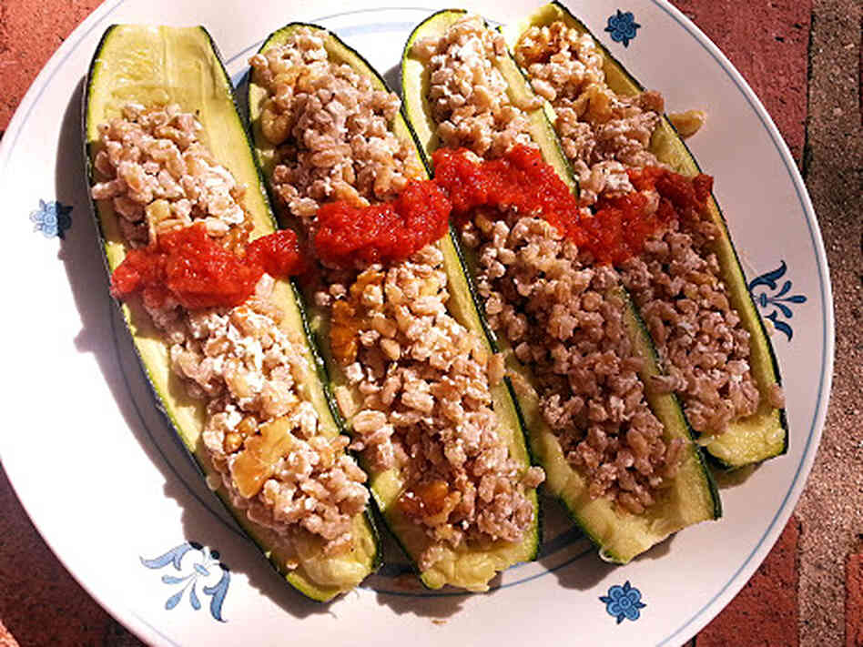 Zucchini with Farro, Goat Cheese and Walnut Stuffing Zucchini with Farro, Goat Cheese and Walnut Stuffing