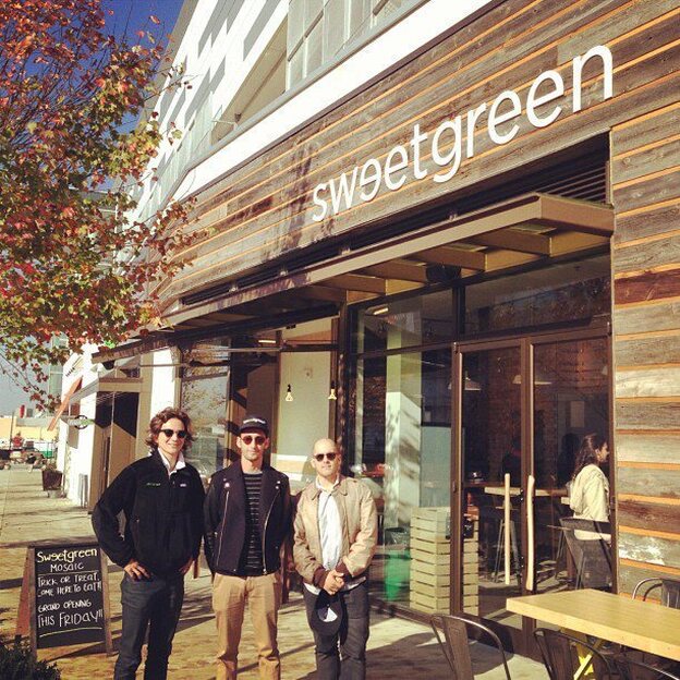 Sweetgreen co-founders Nathaniel Ru (from left), Jonathan Neman and Nicolas Jammet at the opening of a Virginia location last year. (Image credit: Courtesy of Sweetgreen)