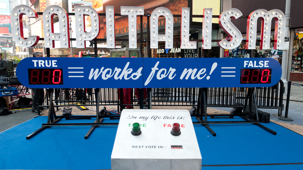 Steve Lambert's art installation asks people to vote in an effort to open up the discussion about capitalism. That word can be a red flag for many, Lambert says. (Image credit: Times Square Arts)