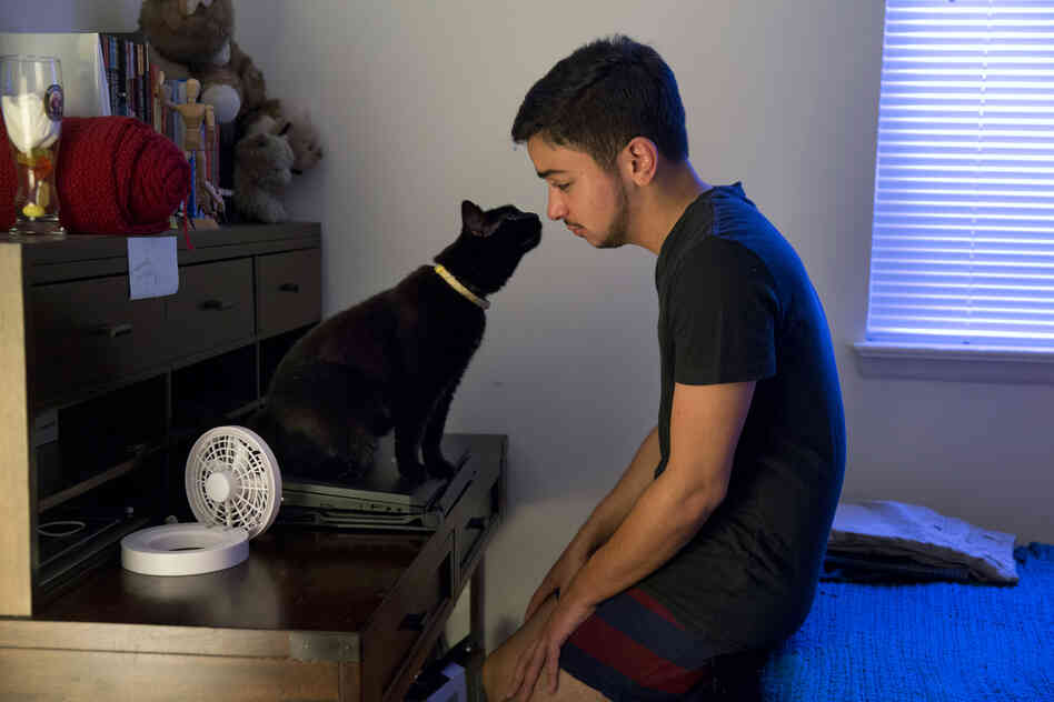 Younes relaxes in the morning with one of his cats, Beans, at home. He shares an apartment with a roommate, Angelica Martinez. As a Lebanese and Puerto Rican transgender man, Younes has yet to find somebody like himself. He has attempted to form social groups for trans men of color but they never successfully materialized. 