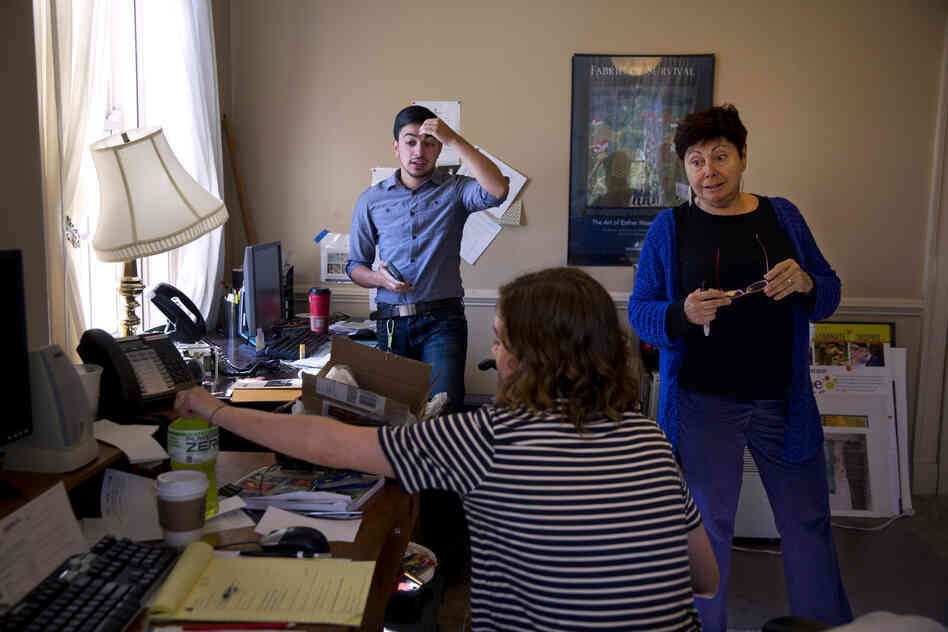 Younes talks with a current intern and Harriet Lesser, the 2012-2013 season curator, at The Mansion at Strathmore during work. He previously interned at the gallery when he was female and had a smooth transition when he returned. He was a visual arts assistant there but has since changed jobs.