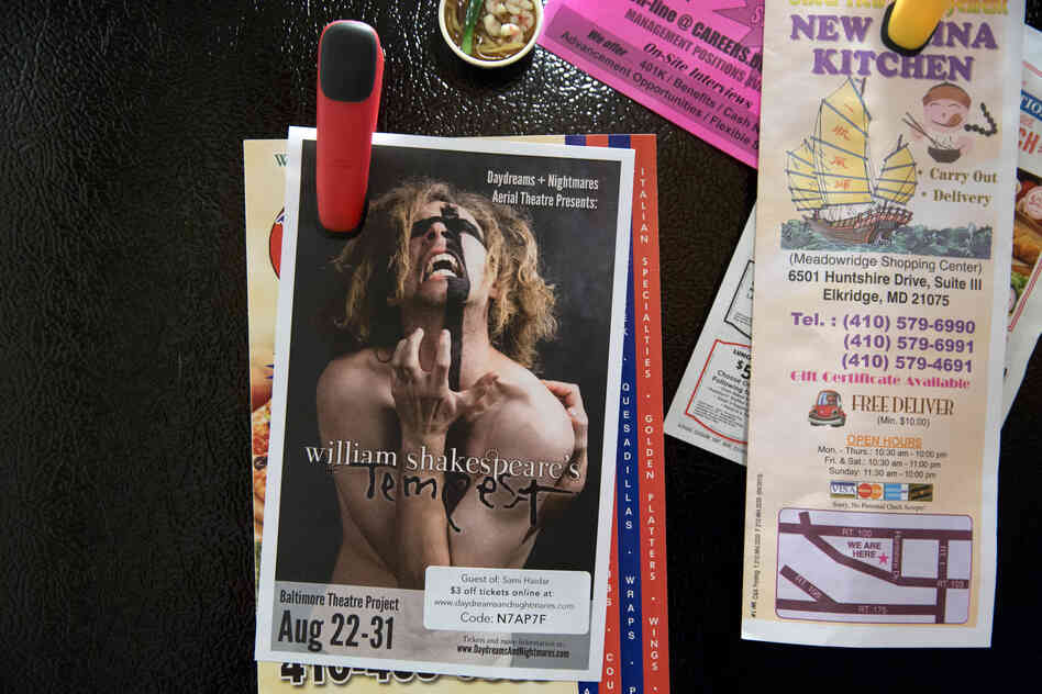 A flier for a production of The Tempest hangs on Younes' refrigerator. He will play the part of Alonso with the DNA Theatre in Baltimore. After his transition, theater became a big part of Younes' life, a way for him to express himself and socialize with other people.