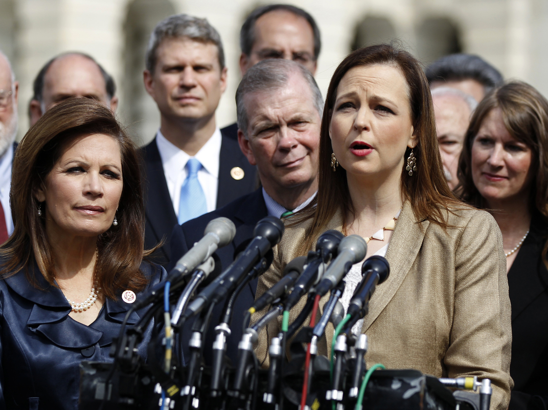 Tea Party Patriots co-founder Jenny Beth Martin, shown here speaking to the press in May, says Republicans are acting within their power to withhold funding from Obamacare.