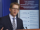 White House press secretary Jay Carney uses a visual aid comparing what Republican lawmakers said against what financial leaders said as he briefs reporters at the White House Thursday. White House press secretary Jay Carney uses a visual aid comparing what Republican lawmakers said against what financial leaders said as he briefs reporters at the White House Thursday.
