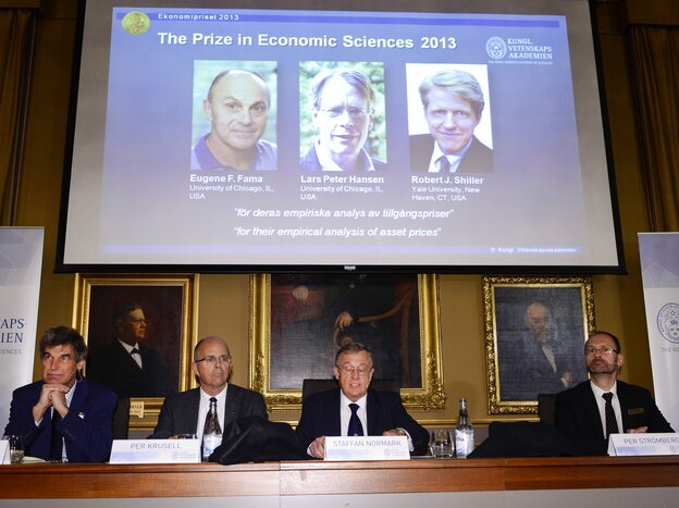 The Royal Swedish Academy of Sciences announces the winners of the 2013 Nobel Memorial Prize in Economic Sciences in Stockholm Monday. The prize went to U.S. professors Eugene Fama, Lars Peter Hansen and Robert Shiller.