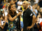 James Blake addresses the crowd during an interview with Mary Joe Fernandez after losing on day three of the 2013 U.S. Open. James Blake addresses the crowd during an interview with Mary Joe Fernandez after losing on day three of the 2013 U.S. Open.