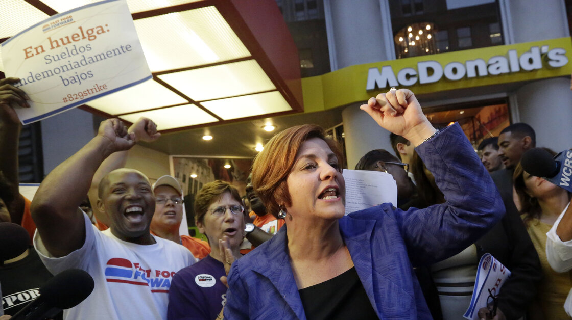 New York City Council speaker and then-mayoral candidate Christine Quinn speaks at a fast-food workers' protest outside a McDonald's in New York in August. A nationwide movement is calling for raising the minimum hourly wage for fast-food workers to $15. New York City Council speaker and then-mayoral candidate Christine Quinn speaks at a fast-food workers' protest outside a McDonald's in New York in August. A nationwide movement is calling for raising the minimum hourly wage for fast-food workers to $15.