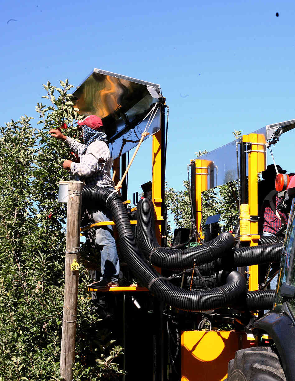 An apple picker sits atop the platform of a prototype apple-picking machine at Riveridge Produce.