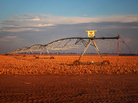 The long arms of pivot irrigation rigs deliver water from the Ogallala Aquifer to circular fields of corn in northwestern Kansas. The long arms of pivot irrigation rigs deliver water from the Ogallala Aquifer to circular fields of corn in northwestern Kansas.