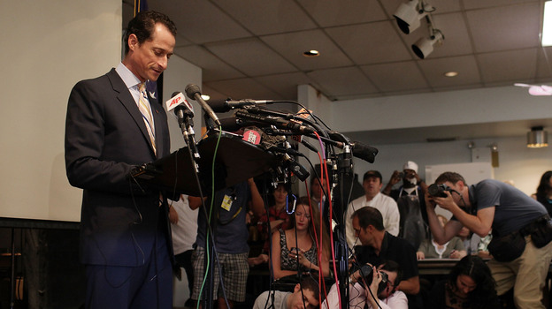New York Rep. Anthony Weiner announces his resignation from Congress in the wake of a sexting scandal on June 16, 2011. His speech that day was incorporated into the play The Weiner Monologues. (Image credit: Getty Images)