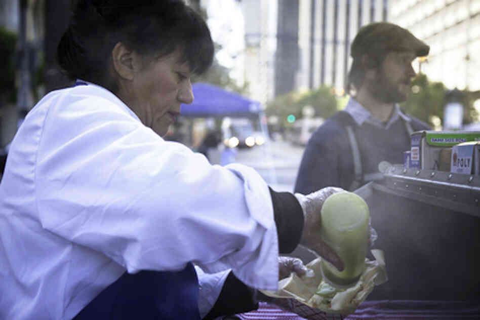 Villanueva makes cheese, veggie, pork and chicken tamales, and prides herself on their authentic Mexican flavor. Her cart slogan reads, "My tamales are stuffed with love, and the best people are stuffed with my tamales." Villanueva makes cheese, veggie, pork and chicken tamales, and prides herself on their authentic Mexican flavor. Her cart slogan reads, "My tamales are stuffed with love, and the best people are stuffed with my tamales."