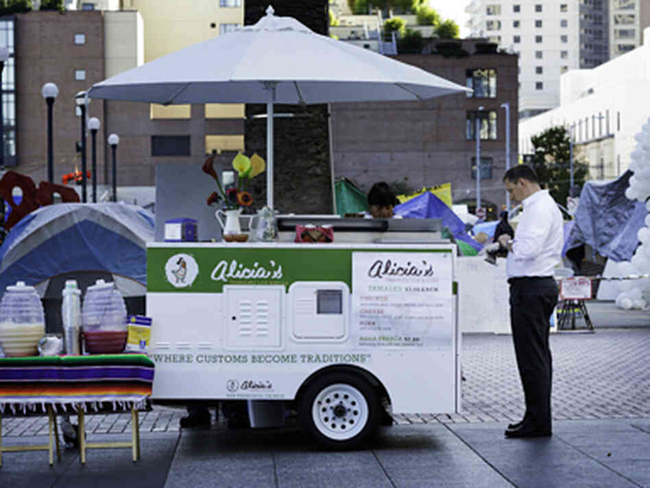 Villanueva sells tamales from her cart in San Francisco. Villanueva bought her cart for $1 thanks to the generosity of Metal Gourmet, a maker of high-end mobile carts and trailers. Villanueva sells tamales from her cart in San Francisco. Villanueva bought her cart for $1 thanks to the generosity of Metal Gourmet, a maker of high-end mobile carts and trailers.