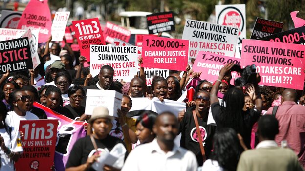 Hundreds take to the streets in Nairobi on Thursday, calling for justice for a 16-year-old girl dubbed 'Liz,' who was gang-raped in rural Kenya. The men were caught by the police and let go after their punishment — cutting the grass at the police station. (Image credit: EPA/Landov)