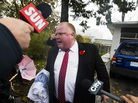 When he emerged from his home Thursday morning, Toronto Mayor Rob Ford found reporters in his driveway. As they peppered him with questions, he shouted that they had to get out of his way. He didn't respond to questions about a video that allegedly shows him smoking crack. When he emerged from his home Thursday morning, Toronto Mayor Rob Ford found reporters in his driveway. As they peppered him with questions, he shouted that they had to get out of his way. He didn't respond to questions about a video that allegedly shows him smoking crack.