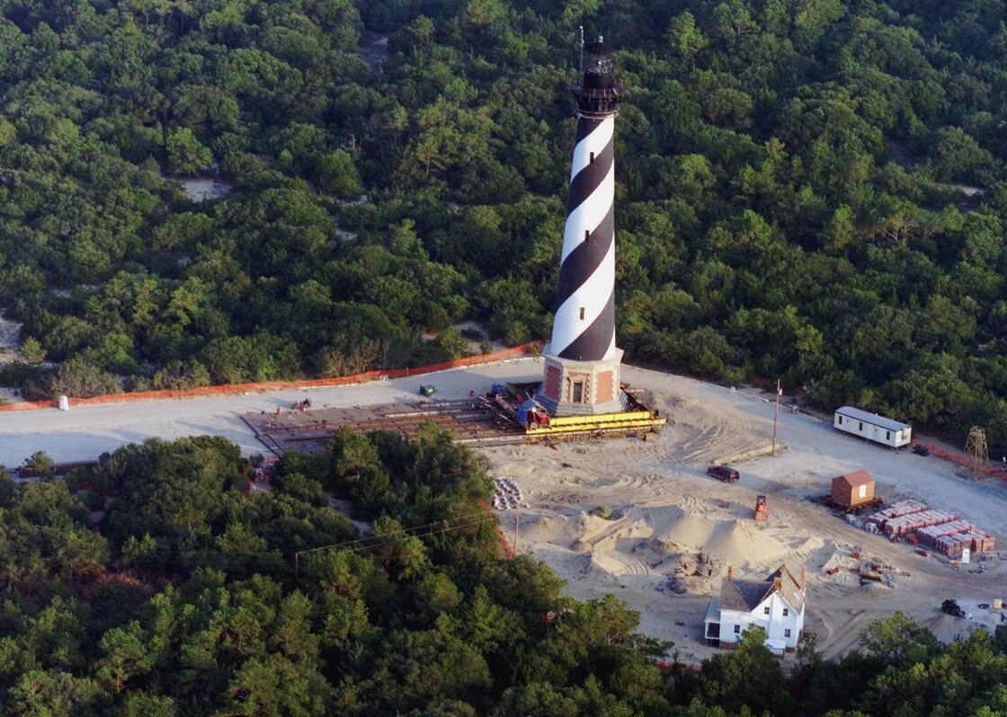 The Cape Hatteras Lighthouse in Buxton, N.C., was moved almost 3,000 feet inland on July 9, 1999, to protect it from the advancing ocean.