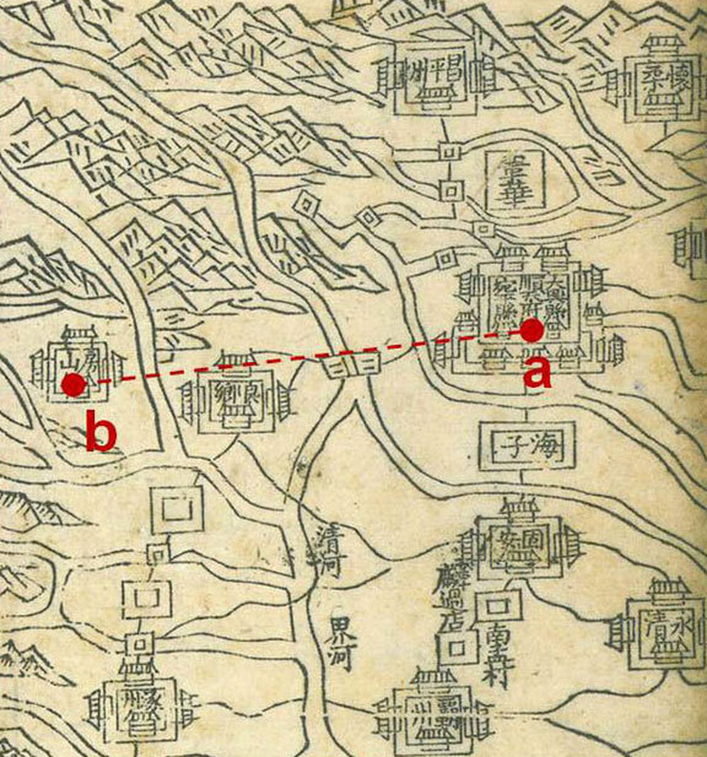 The distance between the Forbidden City in Beijing (a) and the Dasiwo Quarry in Fangshan (b) is about 43 miles. Double lines on the map represent rivers; single lines represent roads.