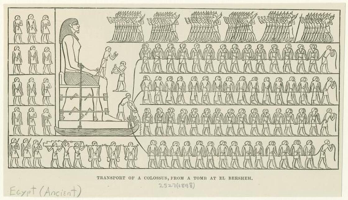 Judging from a carving found in an Egyptian tomb, experts say 172 men were used to transport the 60-ton Statue of Tehuti-Hetep, circa 1880 B.C. Water was used to lubricate the colossus as it slid along wooden planks.