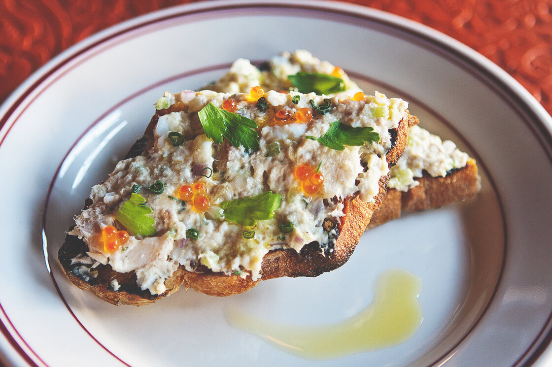 A crostini of smoked trout, hard-boiled egg, aioli and roe at The Red Hen in Washington, D.C. Owner/Chef Michael Friedman says Mediterranean cooking is simply a tweaking of basic cooking ideas.