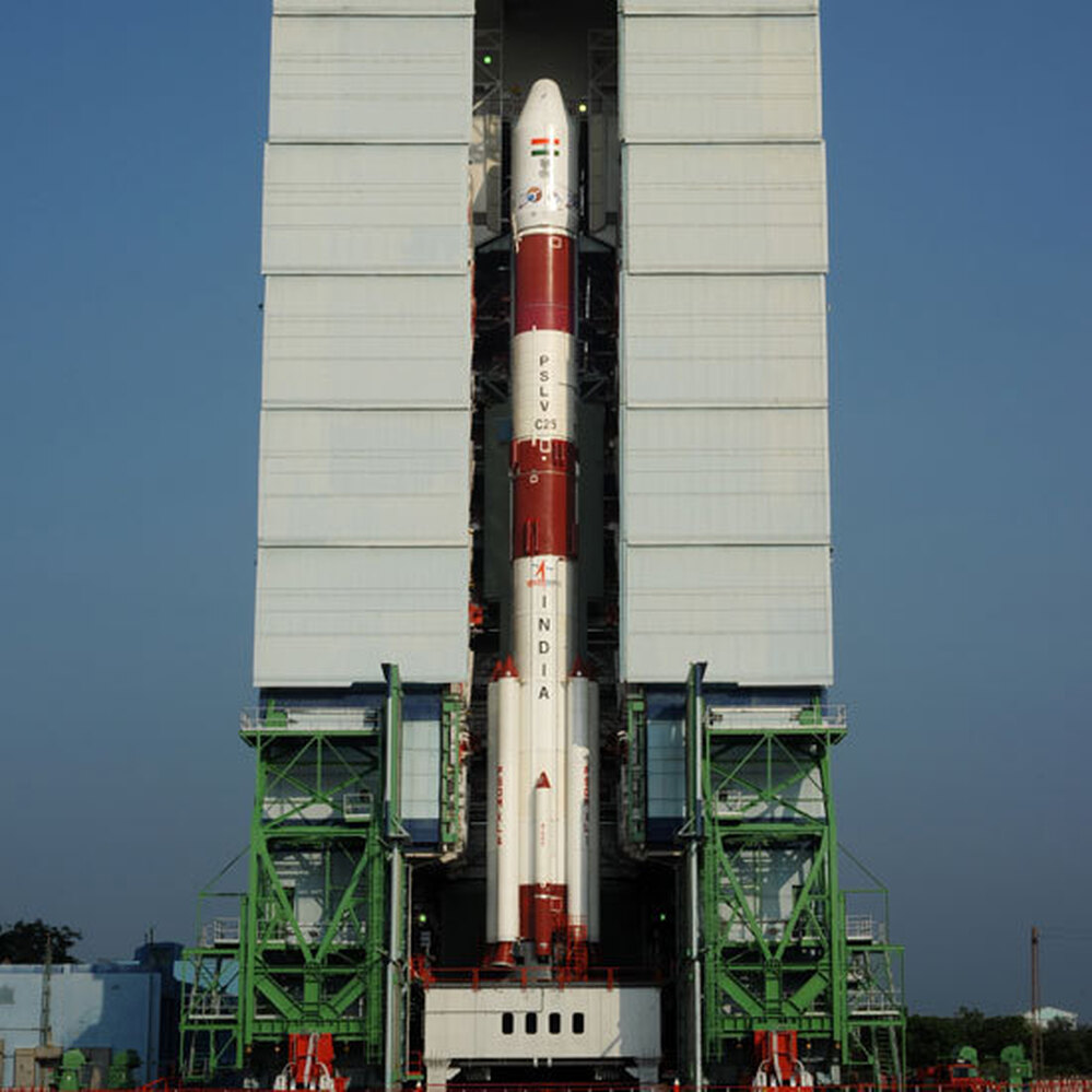 The PSLV-C25, with India's Mars orbiter aboard, prior to Tuesday's launch at the Satish Dhawan Space Centre in southern India.