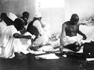 Mohandas K. (Mahatma) Gandhi shown using a spinning wheel in 1933 shortly after his release from prison. Mohandas K. (Mahatma) Gandhi shown using a spinning wheel in 1933 shortly after his release from prison.