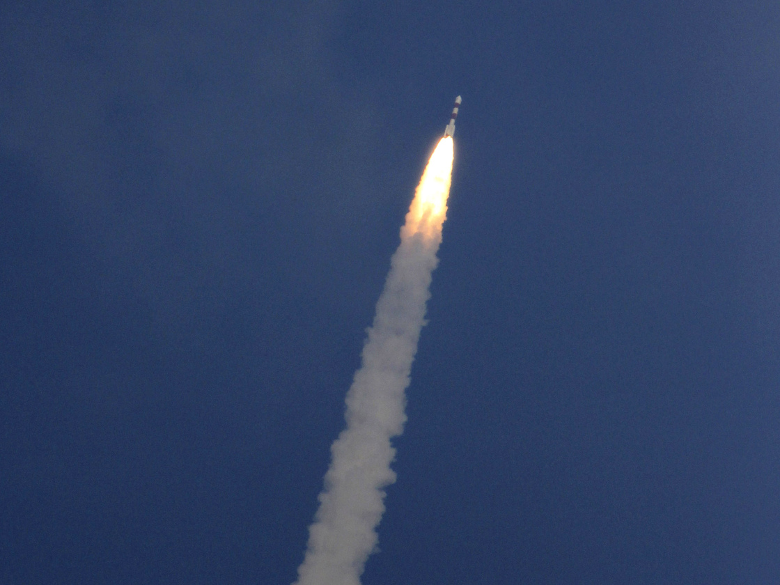 A rocket carrying the Mars orbiter lifts off from the island of Sriharikota, India, on Tuesday.