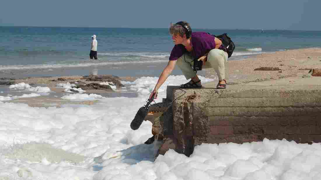 NPR's Jerusalem correspondent Emily Harris gathers sounds in the Gaza Strip, where sewage is being pumped into the Mediterranean Sea. NPR's Jerusalem correspondent Emily Harris gathers sounds in the Gaza Strip, where sewage is being pumped into the Mediterranean Sea.