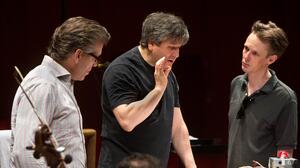 Baritone Thomas Hampson (left), conductor Antonio Pappano (center) and tenor Ian Bostridge pay tribute to composer Benjamin Britten in a new recording of the War Requiem, which comes out Nov. 19.