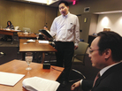 Attorney Francis Chin (center) runs through his lines with Yang Chen at a rehearsal for 22 Lewd Chinese Women, the latest trial re-enactment by the Asian American Bar Association of New York. Attorney Francis Chin (center) runs through his lines with Yang Chen at a rehearsal for 22 Lewd Chinese Women, the latest trial re-enactment by the Asian American Bar Association of New York.