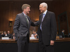 Former Rep. Patrick Kennedy (left) is welcomed by Sen. Orrin Hatch, R-Utah, during a hearing about mental health parity rules Thursday. A new rule issued by the Obama administration aims to increase parity for how insurers handle mental health issues. Former Rep. Patrick Kennedy (left) is welcomed by Sen. Orrin Hatch, R-Utah, during a hearing about mental health parity rules Thursday. A new rule issued by the Obama administration aims to increase parity for how insurers handle mental health issues.