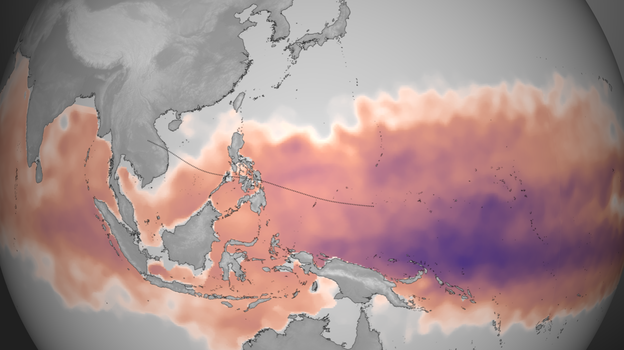 This map from the NOAA Environmental Visualization Laboratory shows the amount of heat energy available to Typhoon Haiyan between Oct. 28 and Nov. 3. Darker purple indicates more available energy. Typhoons gain their strength by drawing heat out of the ocean. The path of the storm is marked with the black line in the center of the image. (Image credit: NOAA Environmental Visualization Laboratory)