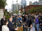 Democrat Al Franken, with his wife, Frannie, meets reporters and a small gathering of supporters at their house in Minneapolis on June 30, 2009, after the Minnesota Supreme Court ruled in favor of the Democrat in the Senate race against Republican Norm Coleman. Democrat Al Franken, with his wife, Frannie, meets reporters and a small gathering of supporters at their house in Minneapolis on June 30, 2009, after the Minnesota Supreme Court ruled in favor of the Democrat in the Senate race against Republican Norm Coleman.