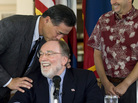 Hawaii state Sen. Clayton Hee playfully gives Gov. Neil Abercrombie a kiss on the head before he signs the Hawaii Civil Unions bill into law at a ceremony in February 2011 in Honolulu. Hawaii state Sen. Clayton Hee playfully gives Gov. Neil Abercrombie a kiss on the head before he signs the Hawaii Civil Unions bill into law at a ceremony in February 2011 in Honolulu.