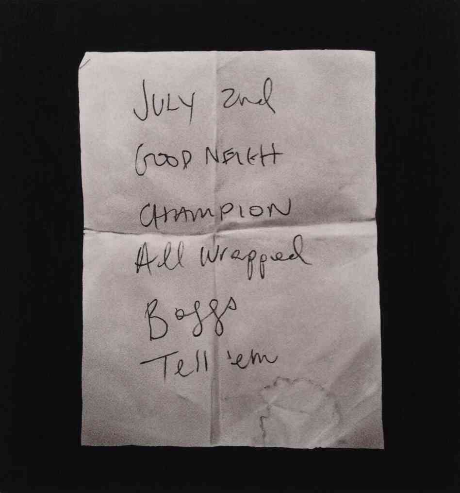 Jason Bartell, a guitarist in Fang Island, collects set lists from bands the group tours with, and makes them into charcoal drawings. This is a drawing for a setlist from the band Like Pioneers.