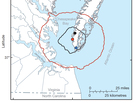 A map showing the impact areas of a large asteroid or comet that struck the Chesapeake Bay some 35 million years ago. A map showing the impact areas of a large asteroid or comet that struck the Chesapeake Bay some 35 million years ago.