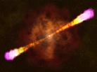 KABOOM! A NASA illustration of a gamma-ray burst. They occur, the space agency says, when "a massive star runs out of nuclear fuel, collapses under its own weight, and forms a black hole. The black hole then drives jets of particles that drill all the way through the collapsing star." KABOOM! A NASA illustration of a gamma-ray burst. They occur, the space agency says, when "a massive star runs out of nuclear fuel, collapses under its own weight, and forms a black hole. The black hole then drives jets of particles that drill all the way through the collapsing star."