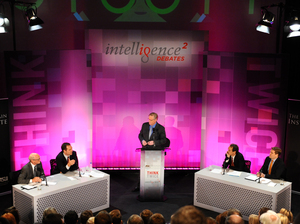 Stewart Baker and Richard Falkenrath face off against David Cole and Michael German in an Intelligence Squared debate moderated by John Donvan on Nov. 20. Stewart Baker and Richard Falkenrath face off against David Cole and Michael German in an Intelligence Squared debate moderated by John Donvan on Nov. 20.