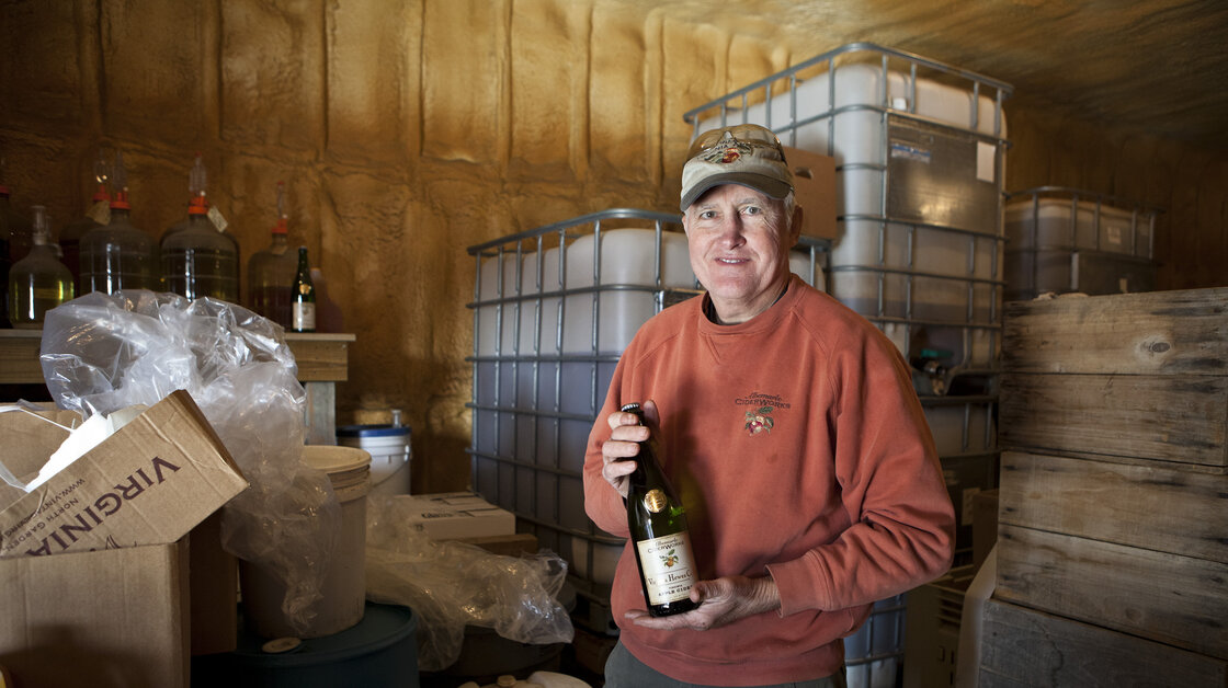 Chuck Shelton in the cold room at Albemarle CiderWorks in Virginia, which makes sparkling alcoholic cider with some of the same apple varieties used by Thomas Jefferson.