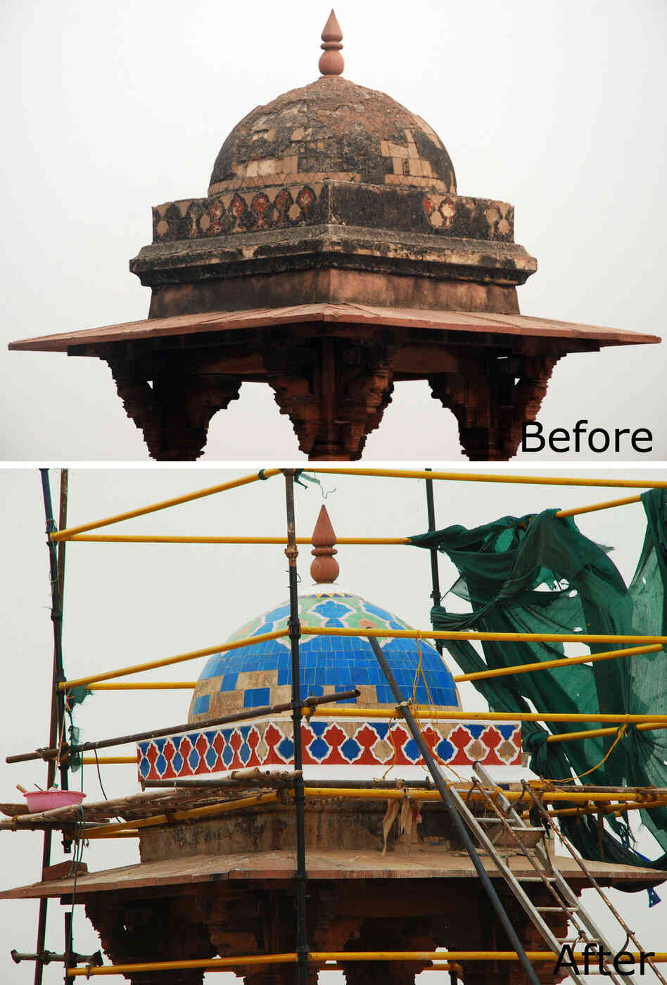 These images show the changes the monument has undergone with the restoration of vibrant tile work. These images show the changes the monument has undergone with the restoration of vibrant tile work.