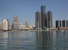 The Detroit skyline as seen from Windsor, Ontario, across the Detroit River. The Detroit skyline as seen from Windsor, Ontario, across the Detroit River.