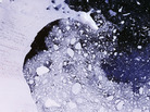 Puddled meltwater very likely primed this ancient edge of the Antarctic's Larsen Ice Shelf to rapidly disintegrate over just several weeks. This view of the splintered mix of frozen bergs is from a Feb. 21, 2002, satellite image. Puddled meltwater very likely primed this ancient edge of the Antarctic's Larsen Ice Shelf to rapidly disintegrate over just several weeks. This view of the splintered mix of frozen bergs is from a Feb. 21, 2002, satellite image.