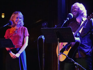Singer-songwriter Nellie McKay (left) and house musician Jonathan Coulton ham it up at The Bell House in Brooklyn, NY, with a rendition of the tune "Get Along Little Doggies." Singer-songwriter Nellie McKay (left) and house musician Jonathan Coulton ham it up at The Bell House in Brooklyn, NY, with a rendition of the tune "Get Along Little Doggies."