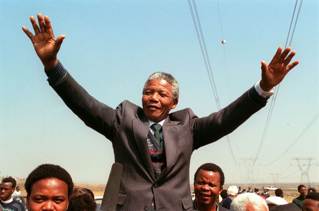 South African National Congress President Nelson Mandela delivers an address in 1990.