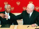 South African President Nelson Mandela and Russian President Boris Yeltsin shake hands in Moscow on April 29, 1999. South African President Nelson Mandela and Russian President Boris Yeltsin shake hands in Moscow on April 29, 1999.