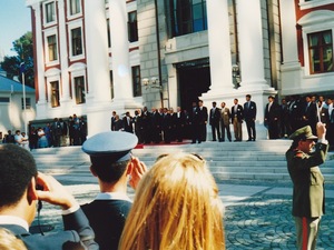 President-elect Nelson Mandela and President F.W. de Klerk outside the South African Parliament in Cape Town, May 9, 1994. President-elect Nelson Mandela and President F.W. de Klerk outside the South African Parliament in Cape Town, May 9, 1994.
