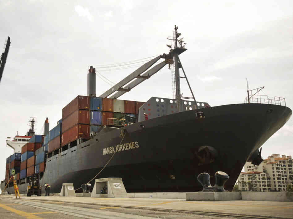 The Hansa Kirkenes carried all 6,078 of the Planet Money women's T-shirts from Cartagena, Colombia, to Miami. The Hansa Kirkenes carried all 6,078 of the Planet Money women's T-shirts from Cartagena, Colombia, to Miami.